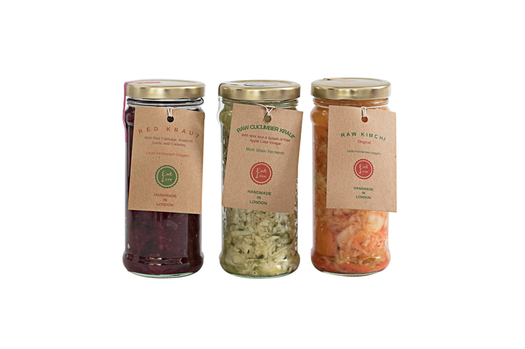 Raw Ferments. Trio of Sea Kimchi, Red and Cucumber and Mint Kraut. 3 x Jars
